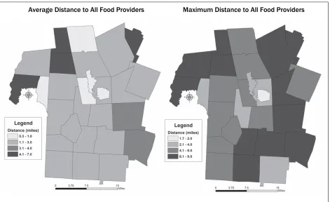 Figure 2. Maps Illustrating the Average and Maximum Distance to All Food Providers Within Rutland  
