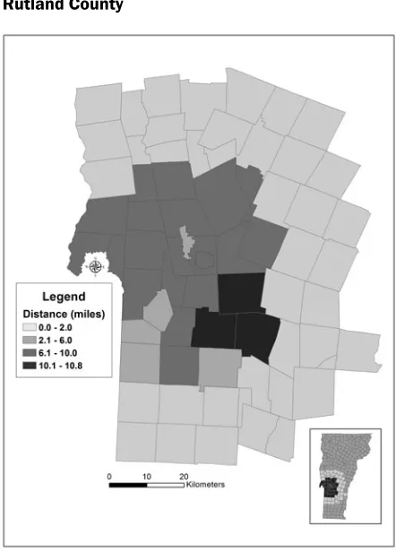 Figure 3. Map Illustrating the Average Distance to Grocery Stores and General Stores Within Rutland County 