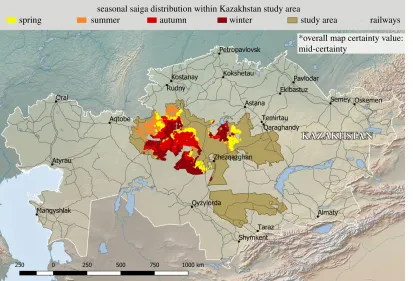 Figure 4. Maps showing risk assessment study area and the saiga presence in (a) spring; (b) summer; (c) autumn and (d) winter,based on satellite collar data collected in 2009–2015.