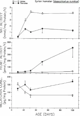 Fig. 5. NAT activity(top panel),melatoninmale and femaleHIOMT activity(middlepanelJ.andconcentration(bottompanel)in theHarderianglandsofhamsterduringpostnataldevelopment.