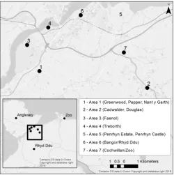 Figure 1 – Gwynedd grey squirrel woodland study area locations in relation to the islandof Anglesey.