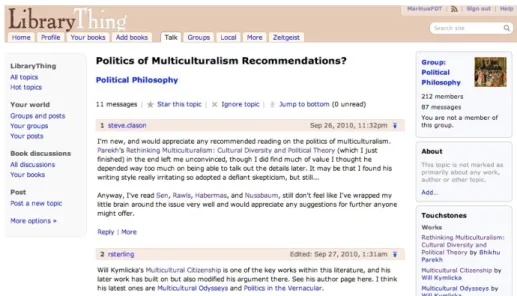 Fig. 1. A topic thread in LibraryThing, with suggested books listed on the right hand side.