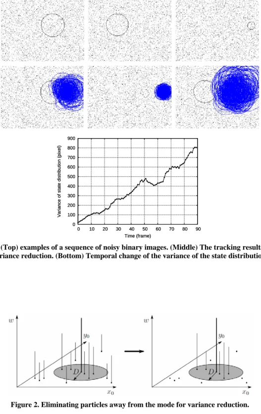 Figure 1. (Top) examples of a sequence of noisy binary images. (Middle) The tracking results without  variance reduction