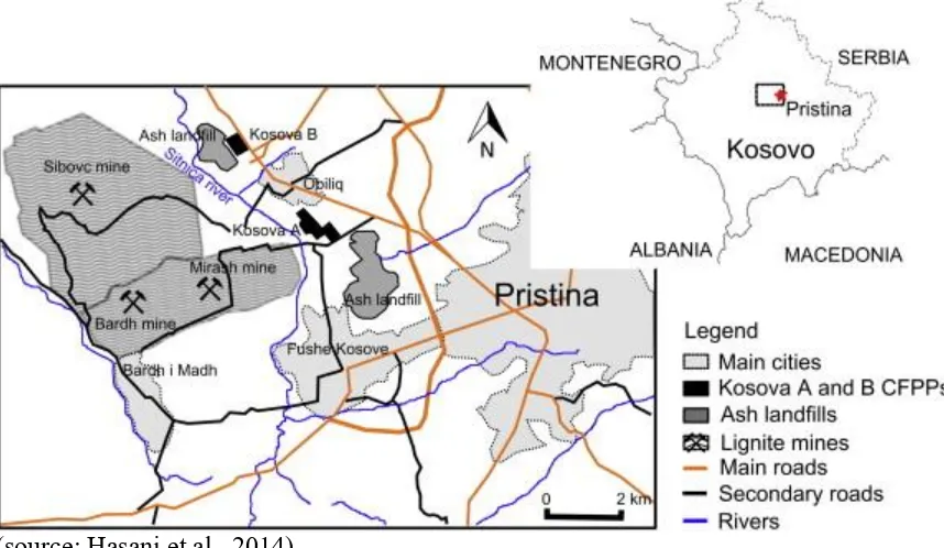 Figure 1. Locations of Kosovo A and Kosovo B CFPPS and northeastern Kosovo lignite mines and dumps 