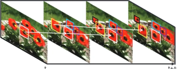 Figure 1: The proposed framework. Yellow arrows indicate the propagation of class labels within the same frame and white  ar-rows indicate object label propagation over time (best viewed in color).