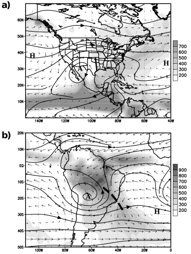 Fig. 3.1: Mean (1979-1995) 925 hPa vector wind and 200 hPa streamlines from the NCEP/NCAR reanalysisarchive, and merged satellite estimates and station observations of precipitation (mm, shading): a) July-Sep-tember