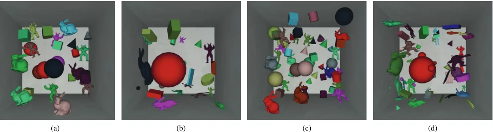 Figure 1: Screenshots of our framework executing a variety of benchmarks, each with the angular velocity of the simulated objects uniform-
