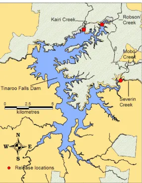 Figure 3. Stocking and sampling locations in Lake Tinaroo (top) and the north and south Johnstone Rivers (bottom)