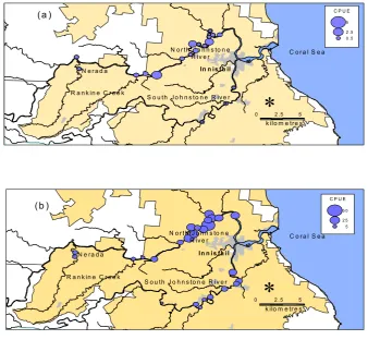 Figure 7. CPUE of (a) stocked and (b) wild Barramundi from all age classes except 2009-2010 in the Johnstone River 