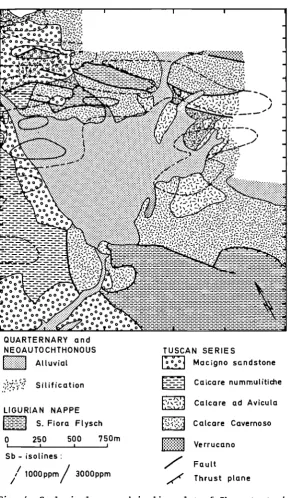 Fig. 4. Geological map and isoline plot of Sb contents in soil samples of the Campigliola area (grid No