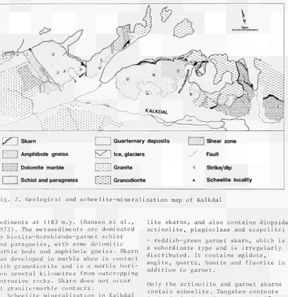 Fig. 2. Geological and scheelite-mineralization map of Kalkdal 