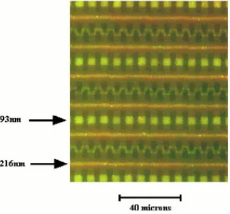 Figure 3. Fluorescence video image showing the separation of red 216 nm and yellow-green 93 nm latex spheres under theinﬂuence of combined DEP and EHD forces in the microelectrode array shown in ﬁgure 1