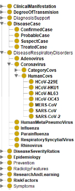 Figure 10: A lexicon of terminologies representing domain knowledge of COVID-19 in addition to symptoms,  treatment, epidemiology, disease case status, and other relevant concepts in the domain  