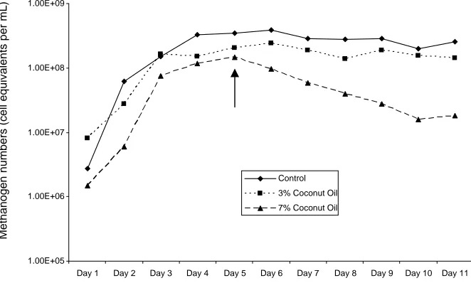 Figure 3. Daily methane production from fermentations with coconut oil added to the diet