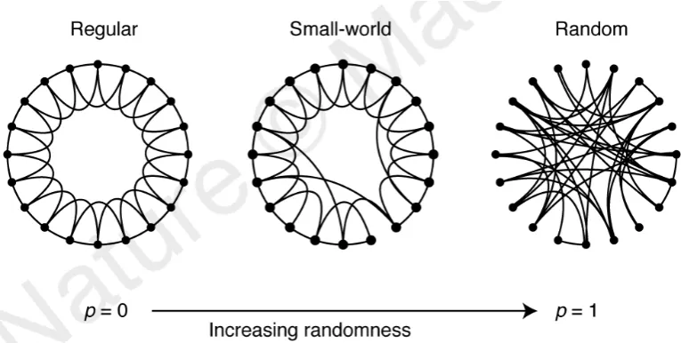 Figure 1.2: Topology of regular, small-world and random neworks.In the regular networkdistributed.take long to walk through two randomly chosen nodes.networkcausing little clustering, and small-world network as moving between tworandomly chosen nodes can b