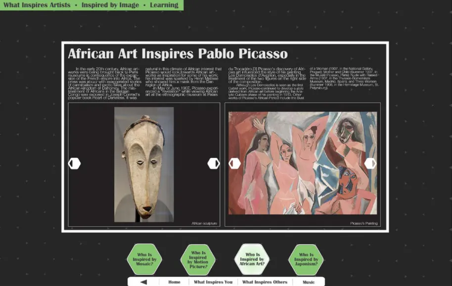 Figure 61.  The learning section A-6: additional learning material about the inspiration of artists, such as Picasso