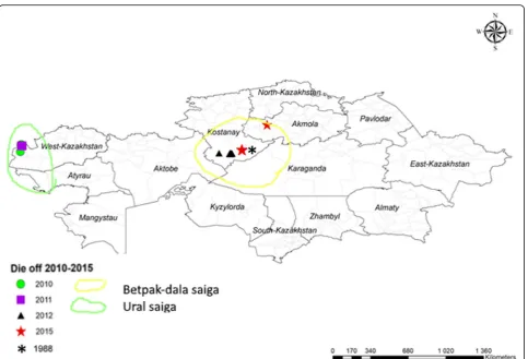 Fig. 2 Map of Kazakhstan. Explanation: Map of Kazakhstan and its provinces (Oblasts) showing the approximate location of the carcasses sampledbetween 2010 and 2015
