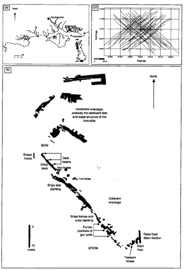 Figure 1. plans of the heavy line corresponds to the geophysical data presented in the test (Illustration: (a) Location map of the Invincible site, Horsetail, East Solent, UK