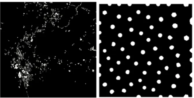 Figure 1. Qualitative visual comparison of slum patterns (a), [13] and simulated Turing patterns (b).