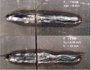 Figure 19 Influence of air on weld pool. Both welds were created by welding from right to left; the airflow was  also blown form right to left using one nozzle