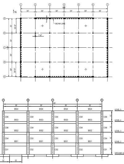 Figure 2.2 Plan and elevation views of the perimeter-frame benchmark building (reproduced from Haselton et al