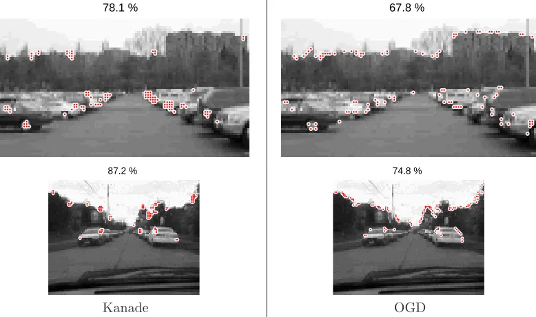 Figure 2.13: In this image, the diagonal lane marker vastly reduces the eﬀectiveness of the OGD.Because the OGD responds to diagonal lines, the chosen “features” along the edges of the lineprovide poor locations for motion estimation and thus incorrect local motion estimates.