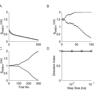 Fig. 3-2. The single-unit learning model's response without the competition rule. A.  Synaptic weight changes for the left input cell (solid curve) and the right input selective after training