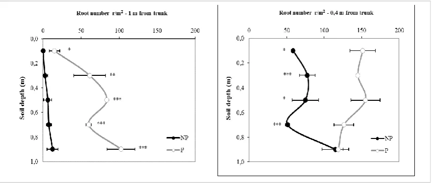 Table 3. Root density at two different distances from the vine trunk (0.40 and 1.00 m), for Ø < 2.0 mm = fine roots; Ø 2.0-5.0 mm = medium roots and Ø > 5.0 mm = permanent roots and for the total number of roots per profile wall