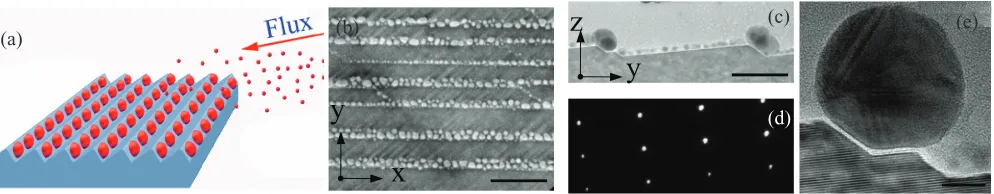 FIG. 1. (Color online) (a) Schematic view of the deposition technique: A ﬂux of collimated noble metal atoms is sent towards the surface