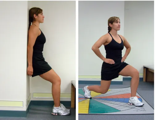 Figure 5Mat and Upright Therapeutic ExercisesMat and Upright Therapeutic Exercises. Examples of the easiest (left) and most challenging (right) exercises from the "squat/lunge progression" of the mat and upright program of therapeutic exercises.