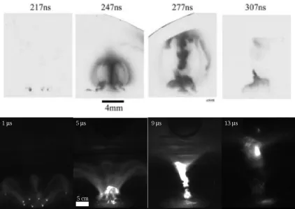 Figure 1.10: Selected images from the Imperial College jet experiment (top) and the Caltech jet experiment(bottom) showing similar evolution