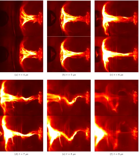 Figure 3.2: Visible light images from the fast camera show the plasma jet front slowing as it interacts with theargon neutral cloud