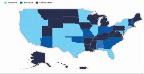 Figure 2: Undocumented Student Policy Environments by State, 2018 from uLEADNet.org  15 It is worth noting that the five states with the highest undocumented populations (California,  Texas, New York, Florida, and Illinois) all are included in the list of 