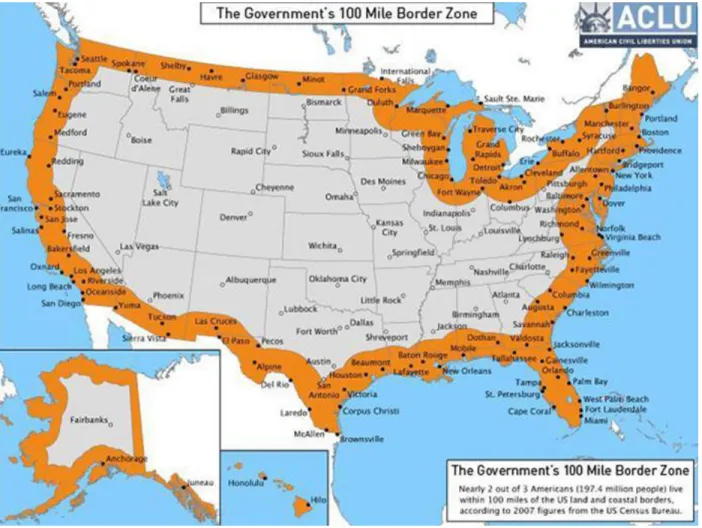 Figure 4: Map of  100 Mile Border Zone, Courtesy of the ACLU (2017) 19