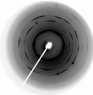 Figure 2.5.  Example MAR3450 x-ray diffraction (XRD) image. Black concentric keV (rings are Bragg reflections (i.e., the satisfaction of Equation (2.1)), with the conical angle between the center of the image, the sample, and each ring defining 2θ; the bri