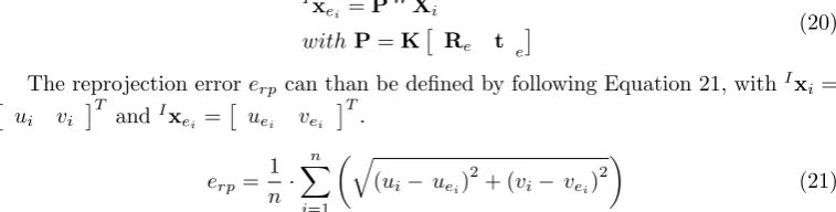 Figure 5 summarises the results for translational error (Figure 5-(a)), rotational error�(Figure 5-(b)), reprojection error (Figure 5-(c)) and computational time (Figure 5-(d))with diﬀerent motion patterns, while the standard deviation of the measurement n
