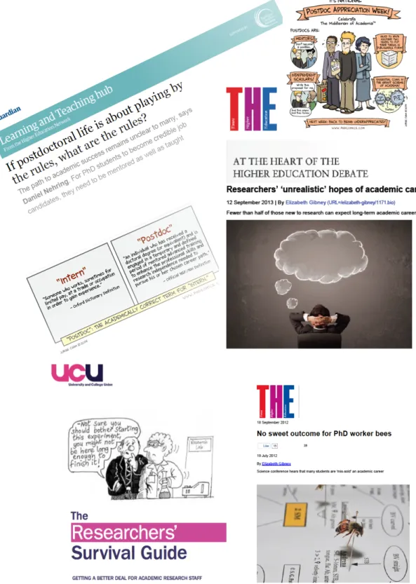 Fig.	1	Examples	of	headlines	and	illustrations	representing	the	postdoctoral	 situation Headlines	from	the	Times	Higher	Education	online	magazine	 (https://www.timeshighereducation.com/),  The	Guardian	online	Higher	Education	Network,	front	cover	of	a	book