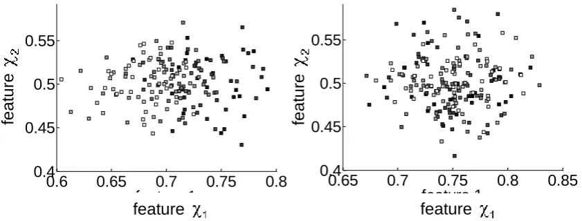 Figure 2 : Two-dimensional clusters which illustrate the grey scale colour coding to indicate the temporal order of appearance of the input vectors