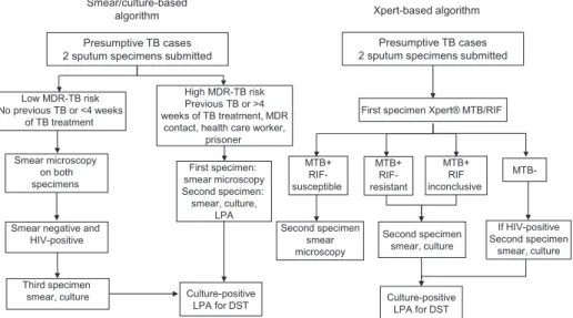 Figure A.1 TB diagnostic algorithms. The simplified sequence of diagnostic tests in each algorithm and the action taken based on test results is shown