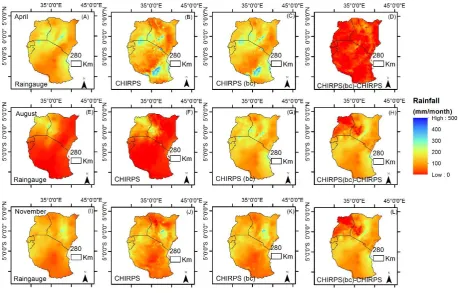 Figure 3: Monthly rainfall averages (2003-2013) of rain gauge data and satellite rainfall estimates before (CHIRPS), after bias corrections (CHIRPS (bc)) and the difference between CHIRPS (bc) and CHIRPS