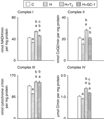 Figure 1 Activities of mitochondrial respiratory complexes from euthyroid (C), hypothyroid (H), hypothyroid T 3 -treated (HCT 3 ), and hypothyroid GC-1-treated (HCGC-1) rats