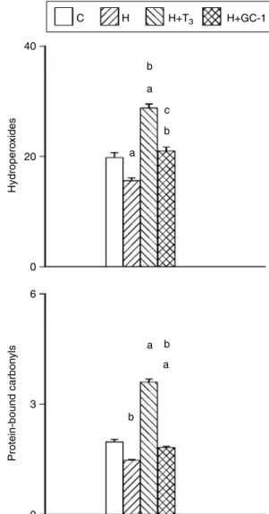 Figure 2 Oxidative damage of rat liver mitochondria from euthyroid (C), hypothyroid (H), hypothyroid T 3 -treated (HCT 3 ), and hypothyroid GC-1-treated (HCGC-1) rats