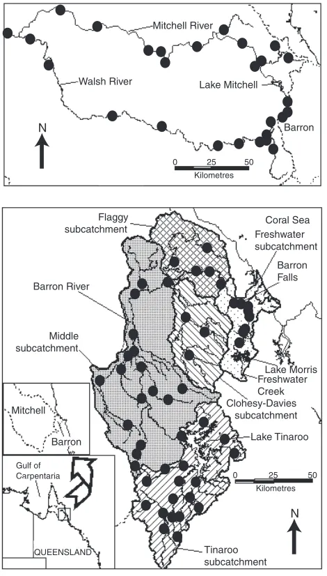 Fig. 1.Fish sampling sites (Barron (below) catchments. Shaded areas show the individual Barronsub-catchments (bottom map) and dotted lines show the catchment�) in the upper Mitchell (top) andboundaries in the top map and in the insets.
