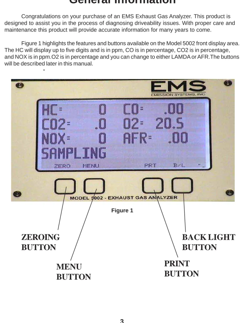 Figure 1 highlights the features and buttons available on the Model 5002 front display area.