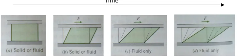 Figure 2.1:  Difference in behavior of solid and a fluid due to shear force.