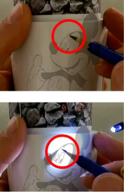 Figure 8: From visual depth cues on top image it is not possible to understand if the pencil has touched the surface or how far away it is from it