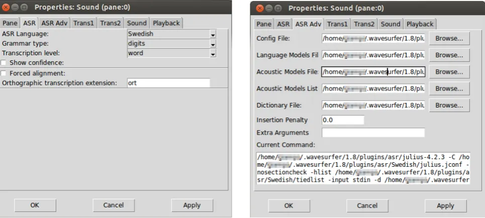 Figure 2: The properties window for the automatic speech recognition plugin. Left: basic properties, right: advancedproperties.