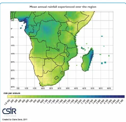 Figure 1.1: Mean annual rainfall over southern Africa (calculated from 1901-2009 mean).