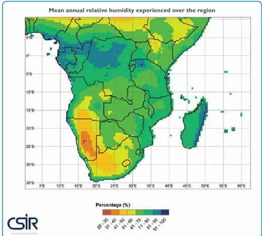 Figure 1.3: Mean annual relative humidity (%) over southern Africa (calculated from  1901-2009 mean).