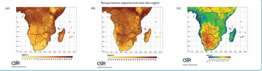 Figure 1.4:  Mean annual minimum (a) and maximum (b) temperature, as well as diurnal temperature range (c) over southern Africa (calculated from 1901-2009 mean).